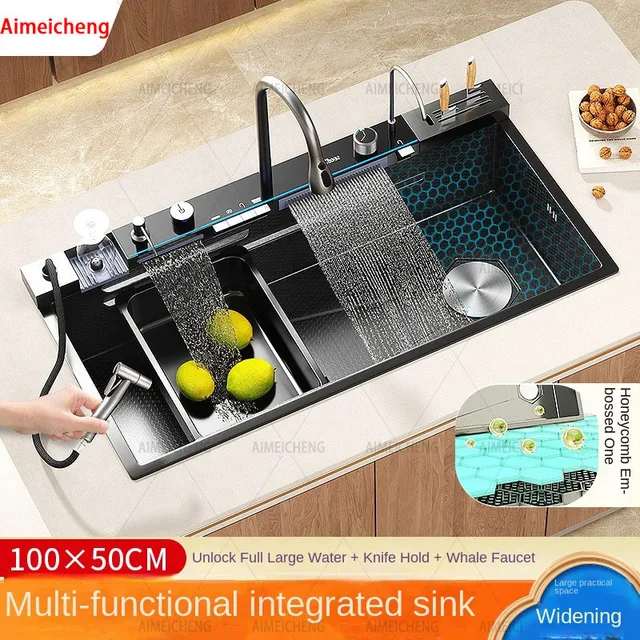 304 สแตนเลสสตีลอ่างล้างจานน้ําตกจอแสดงผลดิจิตอลขนาดใหญ่อ่างล้างจานอ่างล้างหน้าพร้อมมัลติฟังก์ชั่น Touch น้ําตก 1