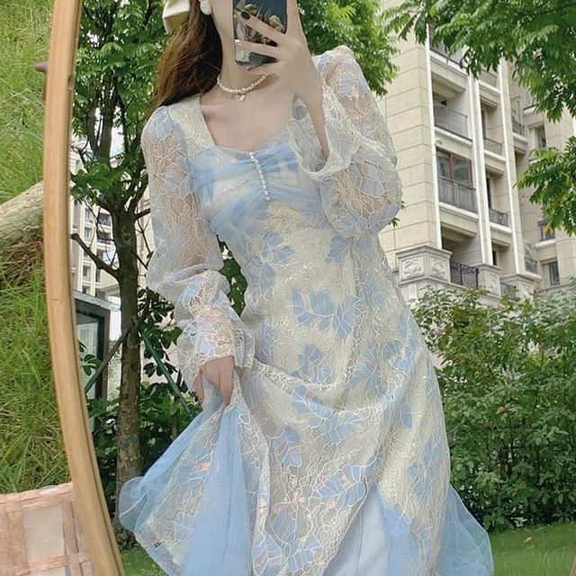 2022 Spring Women Elegant Lace Square Collar Ruffle Slim Dress Female Mesh  Summer Korean Party Dress Lady Long Sleeve Vestidos - Dresses - AliExpress