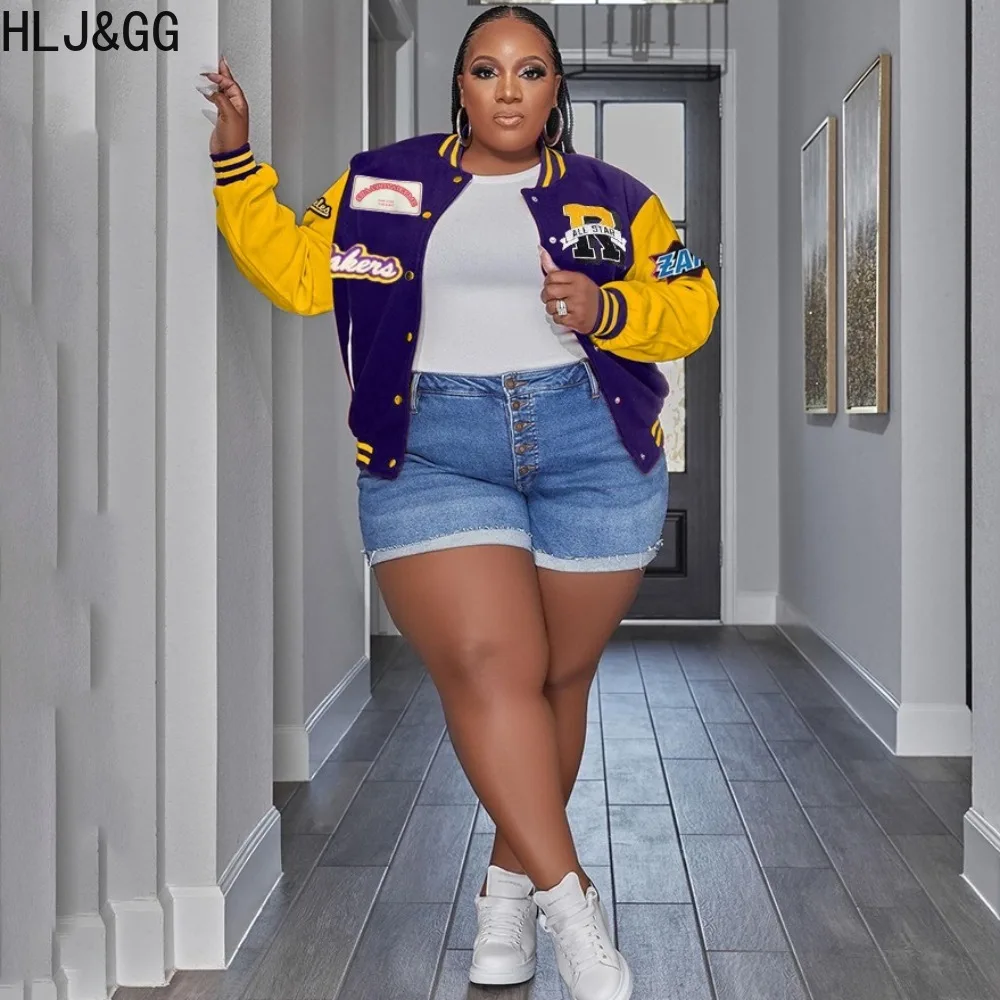 HLJ&GG Fashion Letter Print Splicing Baseball Jackets Women V Neck Button Long Sleeve Button Coats Spring New Matching Slim Tops