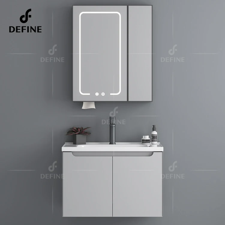 Space-saving Vanity Grey Color Wall Mounted Single Sink Cabinet For Hotel Bathroom With LED Mirror