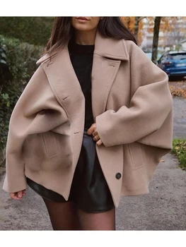 Women s Winter Oversized Wool Jacket with Batwing Sleeves and Lapel Collar Button Closure Solid Color Loose Fit Coat for Cold 2