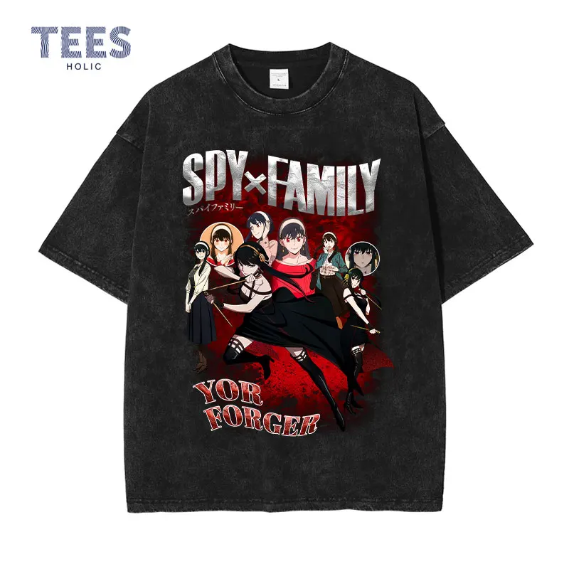 

Anime Spy x Family T-shirts Vintage Washed Forge Yor Pattern T-shirts Oversized Streetwear Summer Manga Short Sleeve Tops Tees