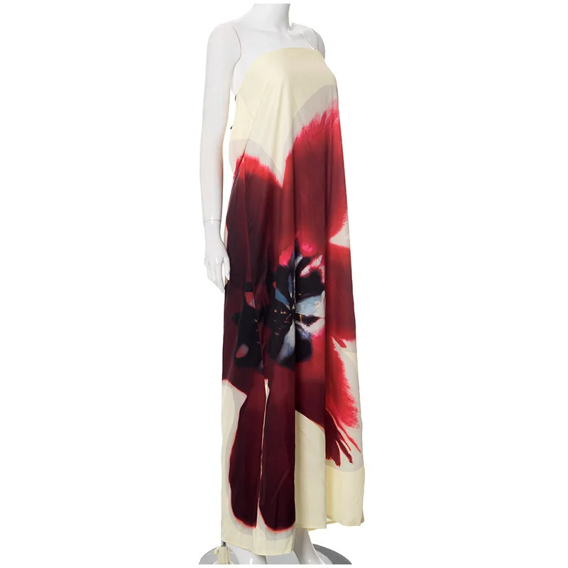 Sexy Floral Printed Strapless Long Dresses Women Loose Off The Shoulder Sleeveless Beach Dress 2025 Summer Lady Vacation Robes