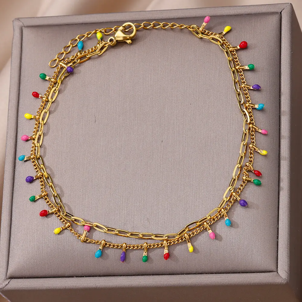 Beads Anklet Ankle Chains Boho Colorful Bead Stone Anklets For Women Gold Color Stainless Steel Anklet Luxury Wedding Aesthetic Jewelry Vacation Gift