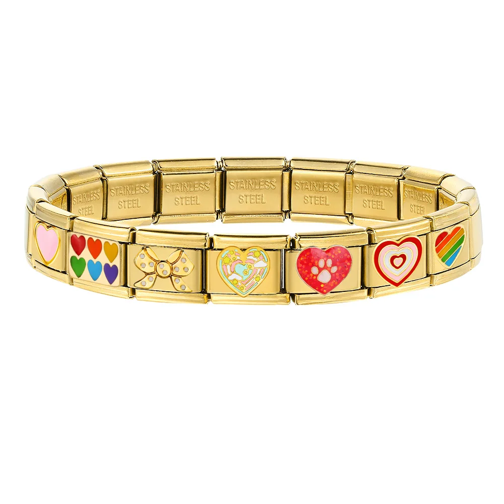 URING Romantischer Doppelherz-Anhänger, italienisches Gliederarmband, passend für 9 mm Edelstahl-Armbänder in Goldfarbe, für Frauen, DIY-Schmuck, Geschenk – Detail 1