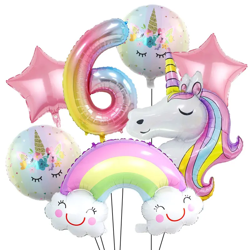 Einhorn-Party-Dekoration Pappteller Becher Servietten Tortendekoration 3D-Ballons Regenbogen-Einhorn Geburtstags-Party-Geschirr-Set für Kinder – Detail 35