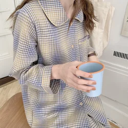 Korean Ins Popular Gradient Plaid Long-Sleeved Trousers Pajamas Spring and Autumn New Peter Pan Collar Loose Homewear Suit