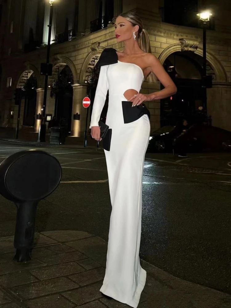 Sexy-One-Shoulder-Long-Sleeve-Bow-Maxi-Bandage-Dress-Women-White-Hollow ...