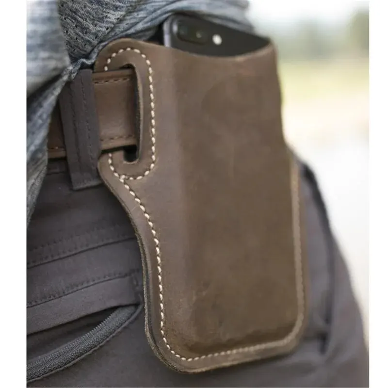 Phone Waist Bag 1PCS Retro Crazy Horse Leather Phone Waist Bag Wearing Belt Men Hanging Waist Bag Outdoor Sports Work Phone