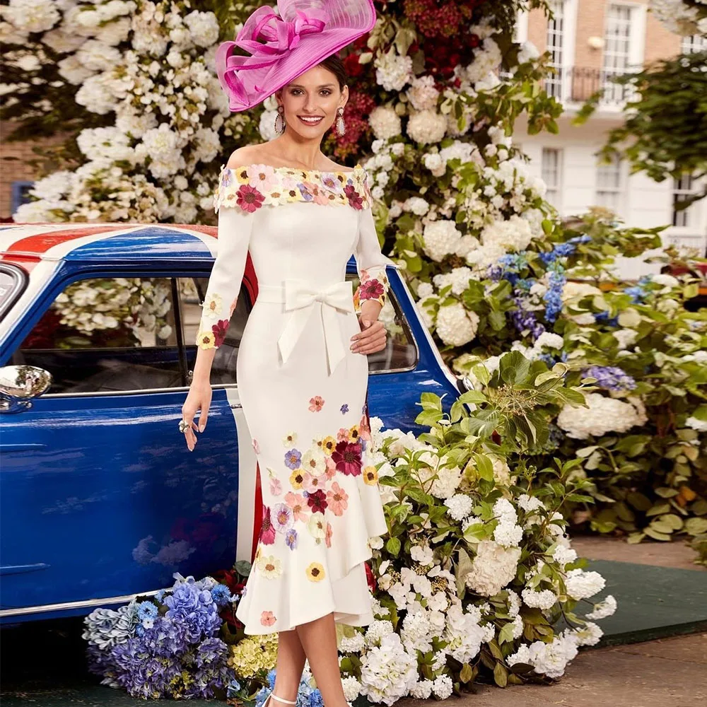 

Elegant Mother of the Bride Dress for Weddings Boat Neck Flower Appliques Wedding Guest Gowns Tea Length Party Dresses