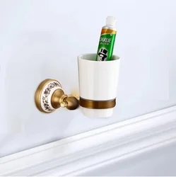 Vintage Brushed Brass & Porcelain Bathroom Accessory Set - Elegant European Retro Design (Tumbler holder.)
