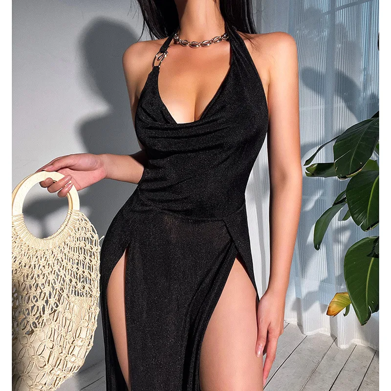 

2022 Women Halter Dress Sexy Off Shoulder Slim Summer Backless Dresses Elegant Club Party Dresses Beachwear Holiday Black Slit