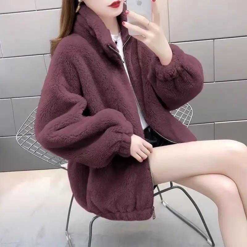 Women's Autumn Winter Solid Turtleneck Pockets Plush Lantern Long Sleeve Zipper Cardigan Coats Casual Office Lady Vintage Tops