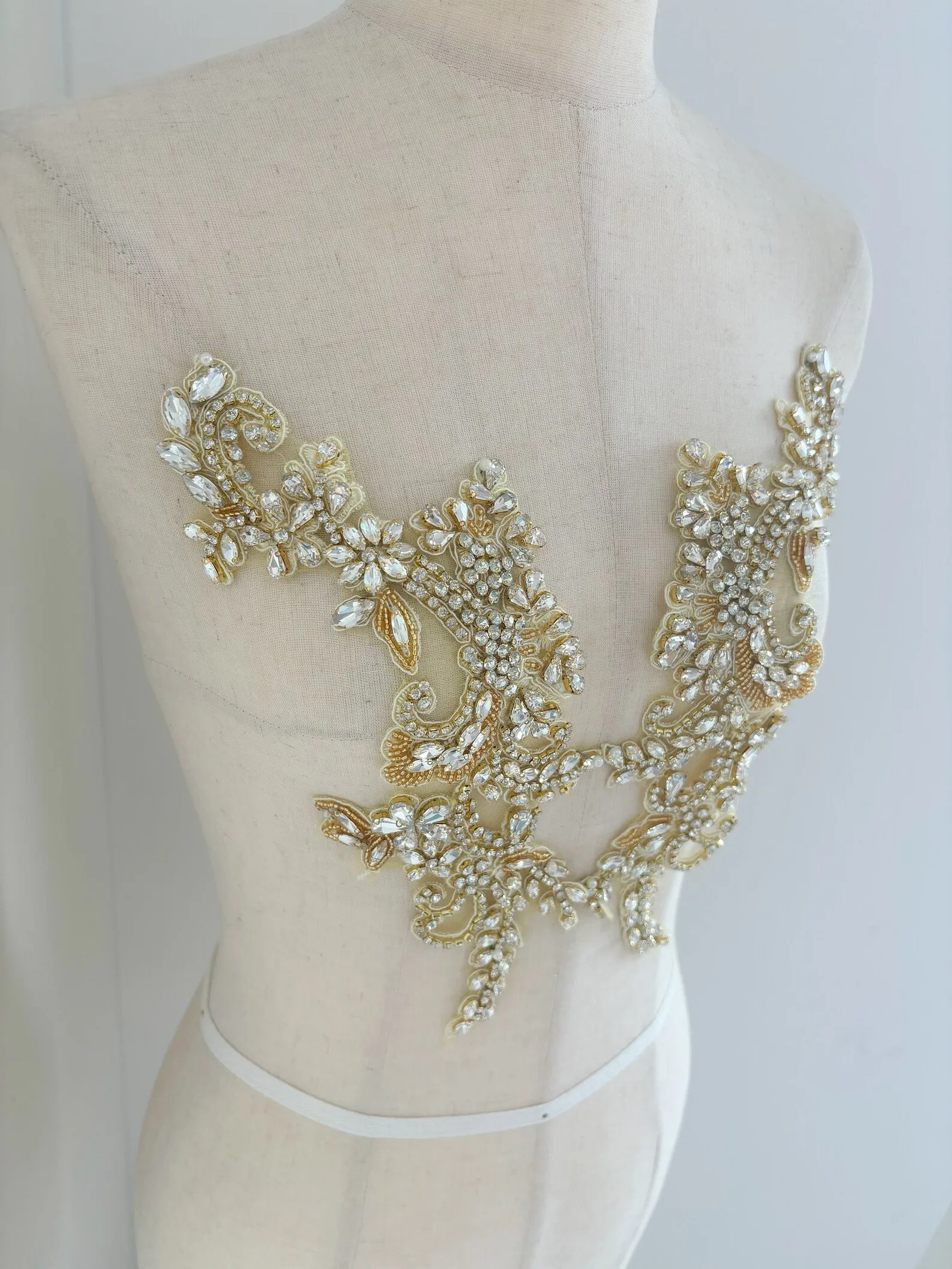 

Delicate Gold Rhinestone Appliqué With Beads Sparkle Crystal Applique For Neckline And Back Couture Supplies