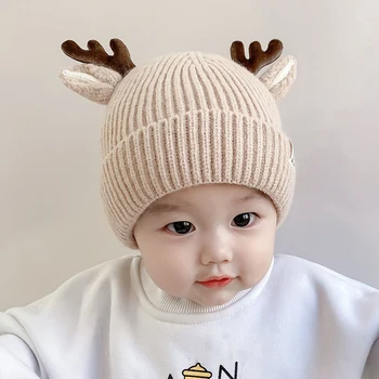 Cartoon Deer Baby Beanie Cap Solid Color Elk Antlers Knitted Hat for Toddler Boy Girl Autumn Winter Warm Kids Pullover Hats 1