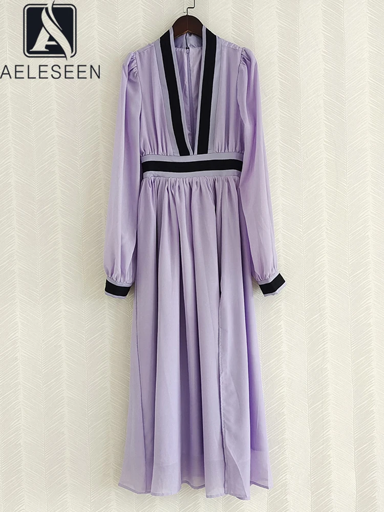 

AELESEEN дизайнерское модное женское Макси осеннее платье 2022 с длинным рукавом и v-образным вырезом желтый фиолетовый черный пояс элегантные вечерние платья для отдыха