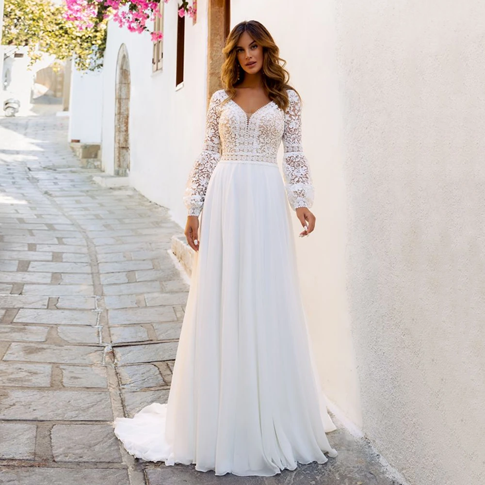 Maßgeschneiderte Boho-Hochzeitskleider, Neu eingetroffen, Spitze, lange Ärmel, V-Ausschnitt, A-Linie, durchsichtig, böhmische Chiffon-Strand-Brautkleider