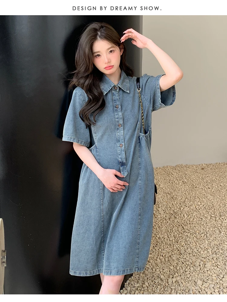 

2024 Summer Maternity Denim Dress Short Sleeve Turn-down Collar Button Fly Pregnant Woman Cotton Dress Vintage Pregnancy Dresses