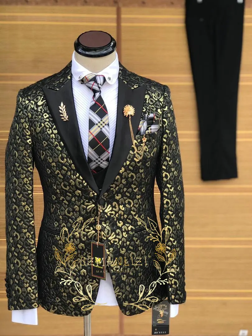 Gold Leopard Luxury Men Suits Slim Fit Peaked Lapel Groom Formal Tuxedos Prom 3 Pcs Sets Business Male Blazer Costume Homme