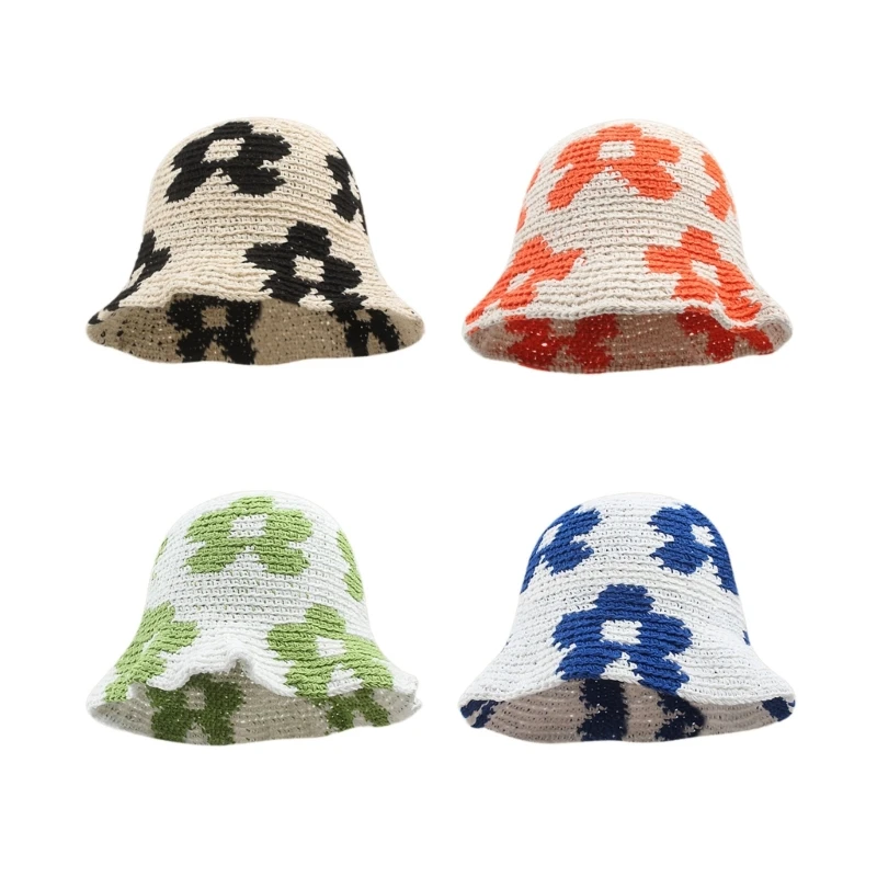

Spring Fisherman Hat for Woman Weaving Bucket Hat Crochet Flower Wide Brims Hat Dropship