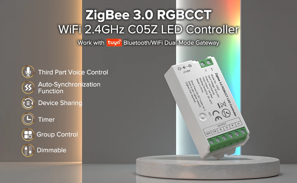 Home Smart Zigbee Controller Per Strisce LED RGB+CCT - 12/24V, Compatibile Con Amazon Echo Plus, Bianco