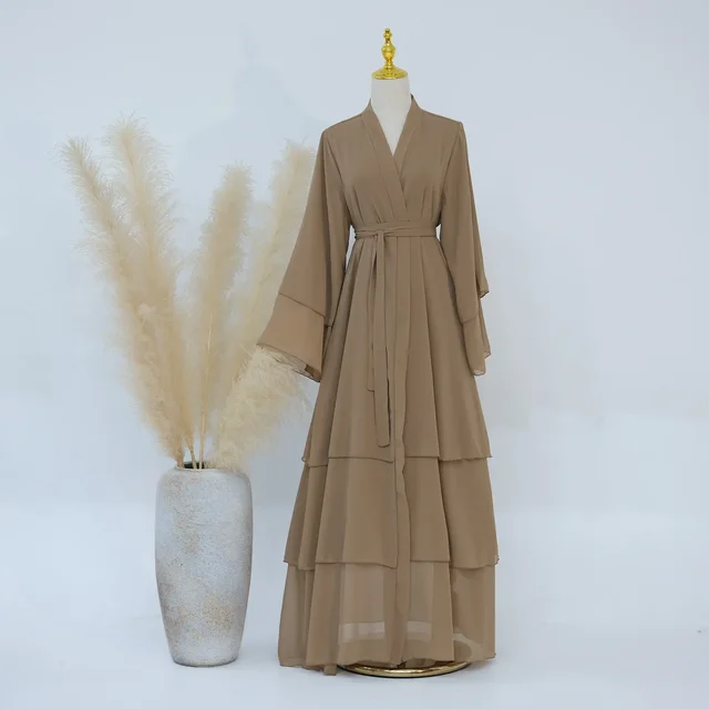Mousseline de soie Abaya Kimono dubaï musulman Cardigan couches Abayas femmes Robe décontractée femme Islam vêtements avec ceinture Abaya tenues arabes