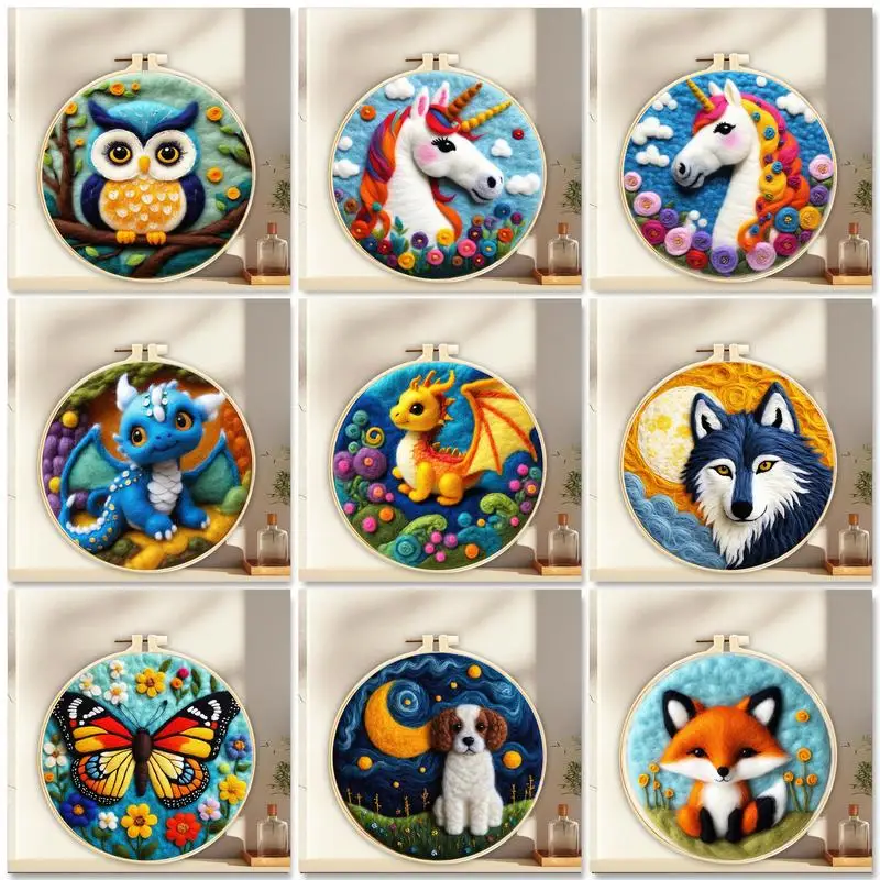 Needle Felt Starter Kit Wool Needle Supplies Set for Beginners Fox Dragon Unicorn Wool Felting Painting 20x20
