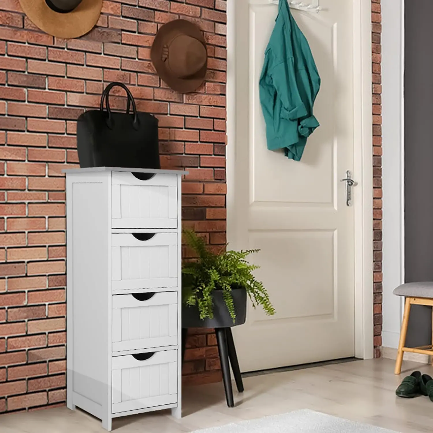 Bathroom Storage Cabinet Skinny Wooden Side Bathroom with 4 Drawers Small Free Standing Floor Cabinet White Slim 12 Inch Wide