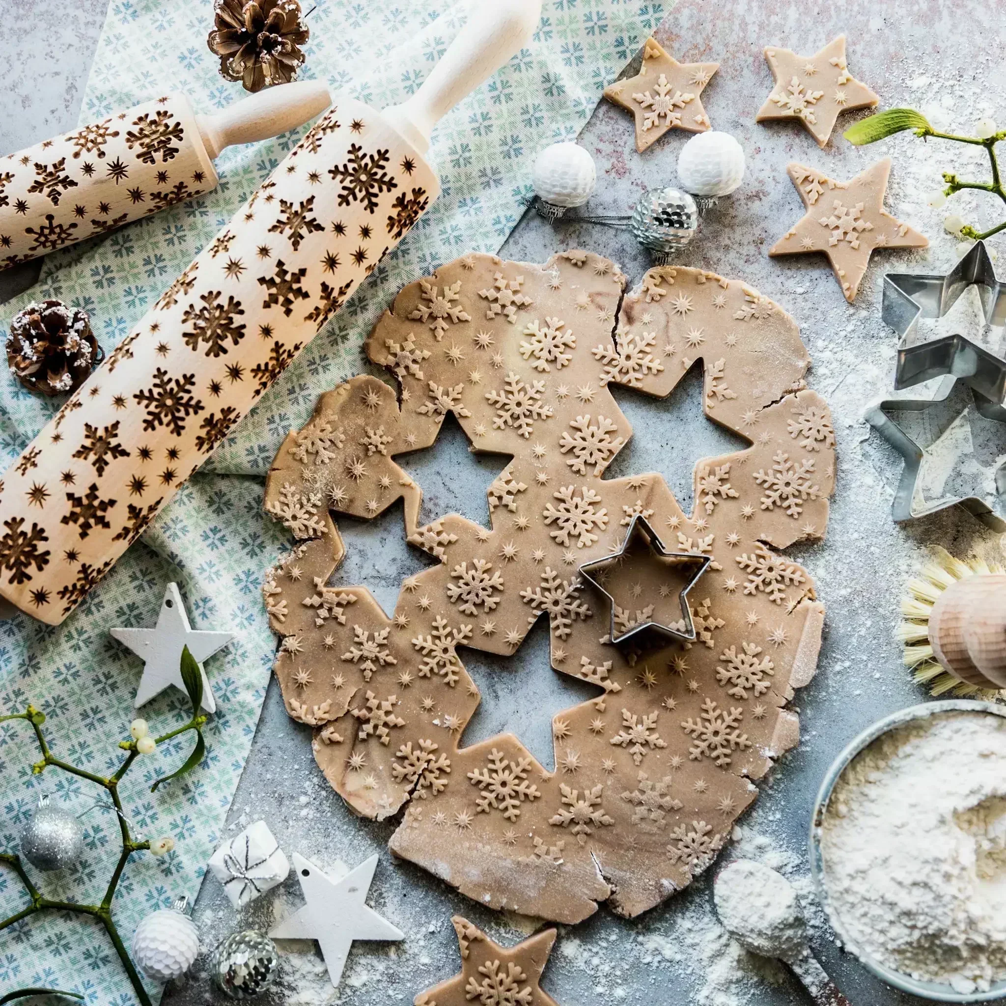 Rolling Pin Printing Rock Snowflake Elk Wooden Embossing Baking Cookies Biscuit Fondant Cake Patterned 35*5cm