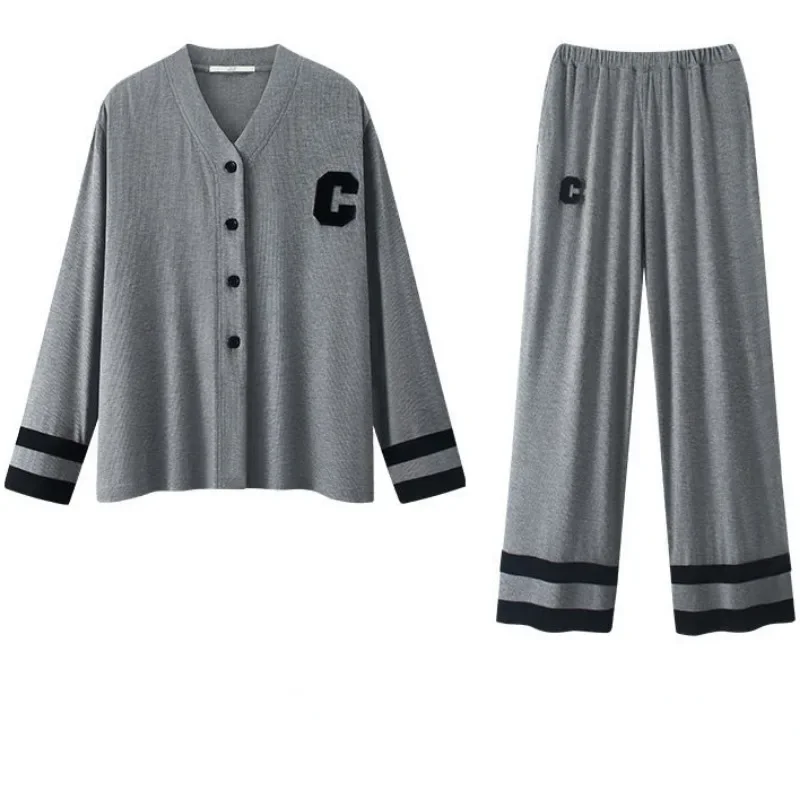 2024 King Size Slouchy Style Sleepwear Long Sleeve Pajama Women's New Fashion Homewear Thin Simple V-neck Loose Loungewear Set