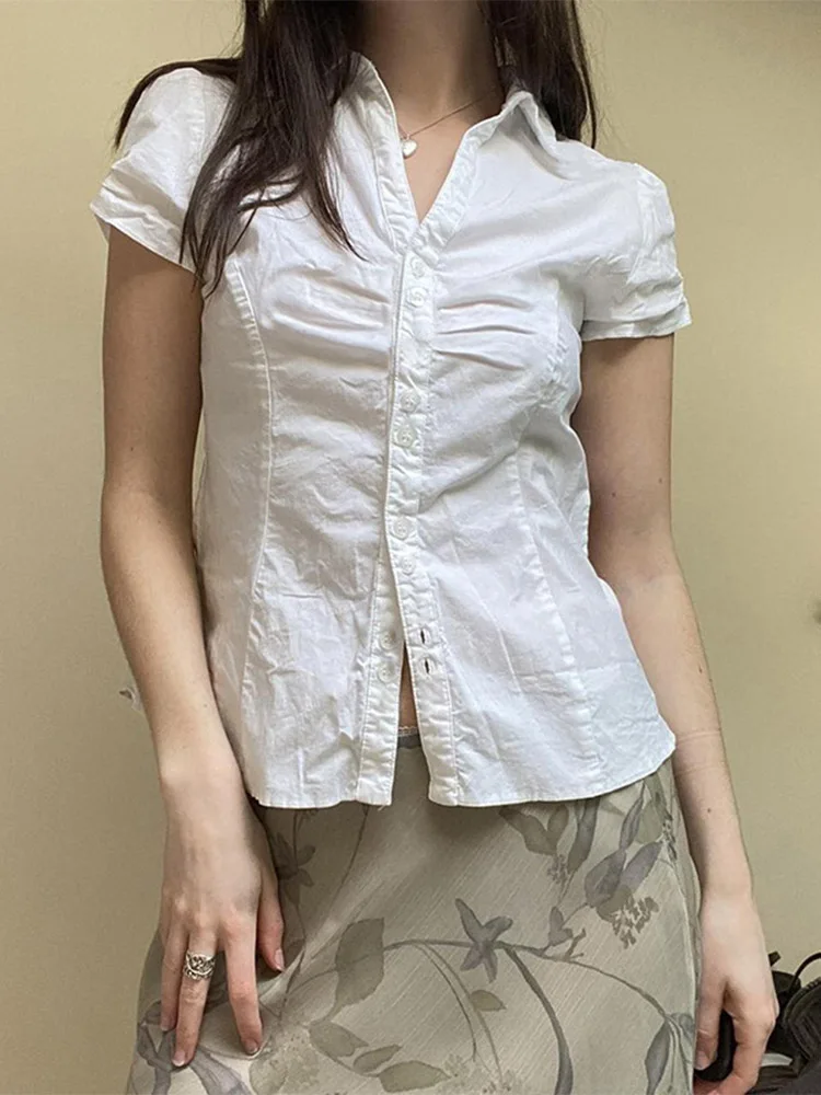 White Tie Up T Shirt y2k Women Short Sleeve Turn Down Collar Button Crop Top Vintage Harajuku Korean Tee Summer Casual 3