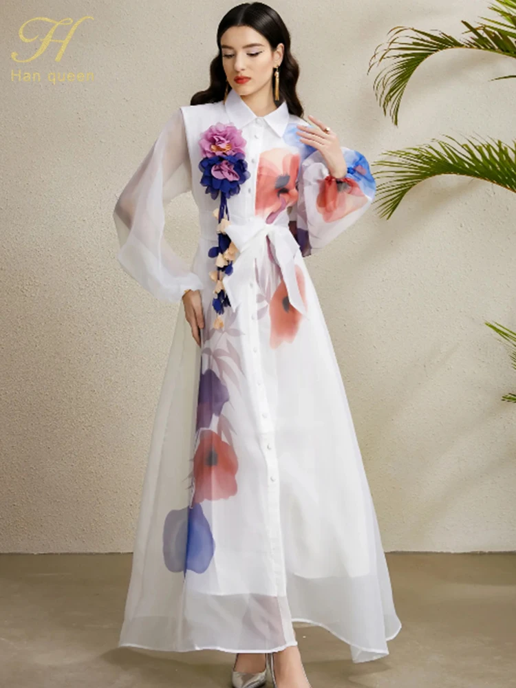 H Han Queen 3D Flowers Printing French Long Dress Female Lapel Lantern ...