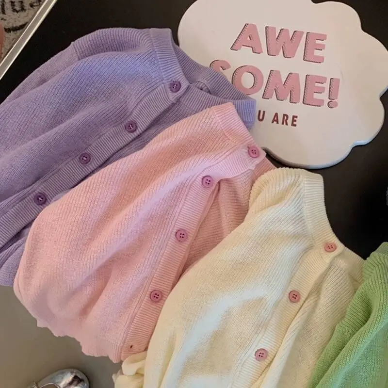 여아용 귀여운 캔디 컬러 니트 카디건,  통기성 긴팔 재킷, 아동복, 2023 봄 ..