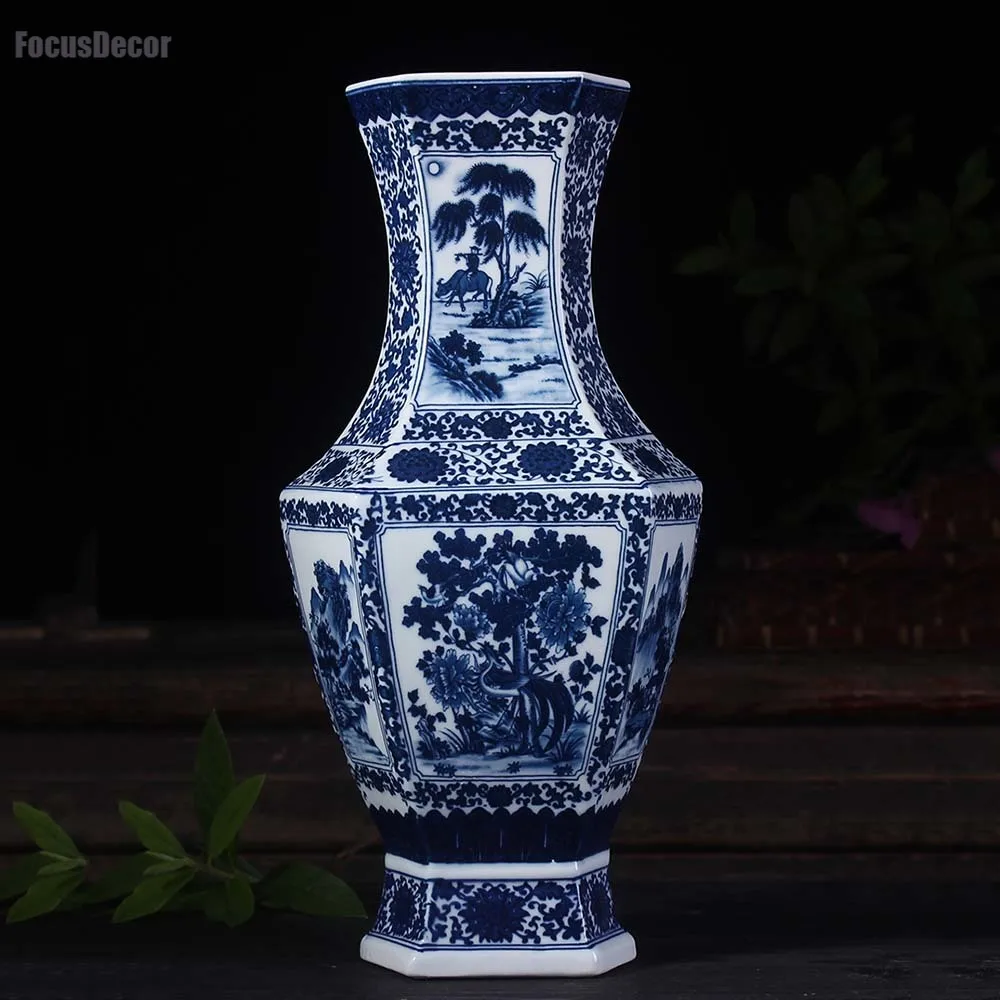 

Горный пейзаж, сине-белая фарфоровая ваза Цзиндэчжэнь, антикварные настольные вазы в стиле Мин Цин для дома и офиса, керамика, китайский