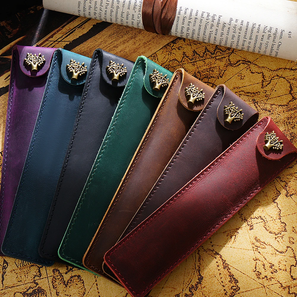 AIGUONIU Genuine Leather Pen Pouch Holder Single Pencil Bag Pen Case With Snap Button For Rollerball Fountain Ballpoint Pen