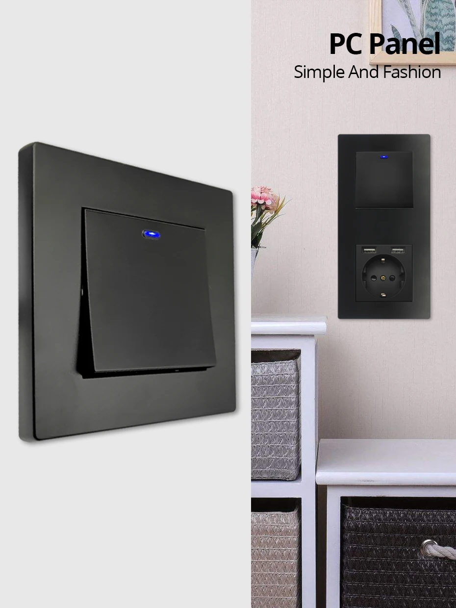 wallpad vertical painel plástico preto gang vias interruptor de luz parede com led dupla tomada usb ue dimmer