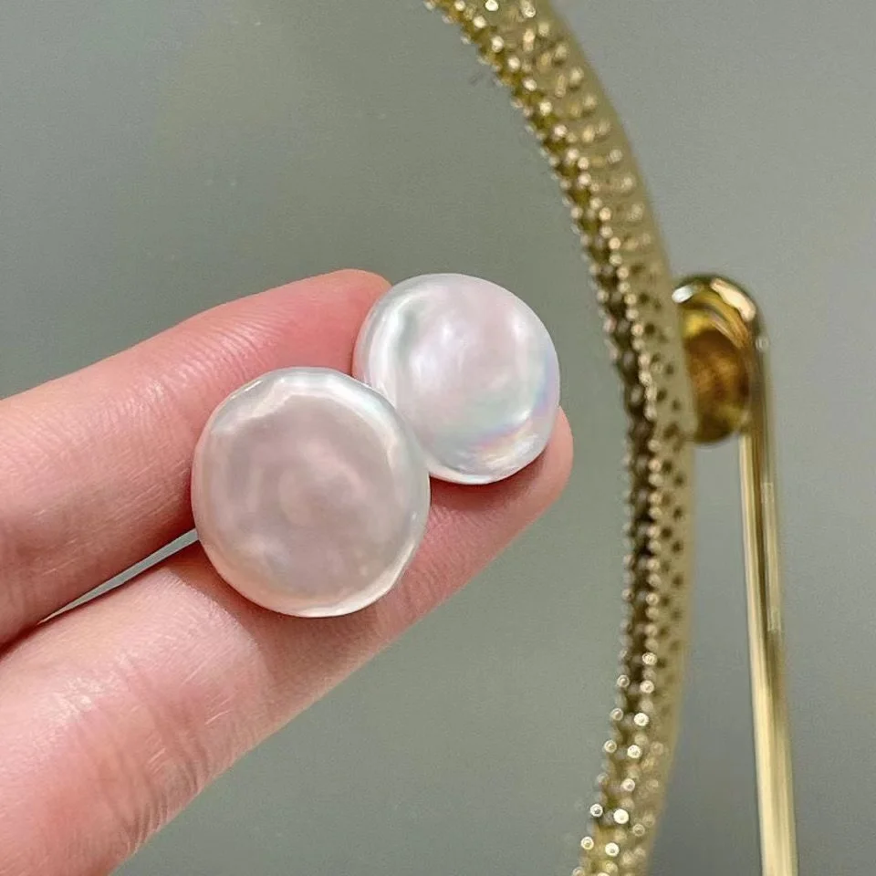 

Natural freshwater Baroque pearl irregular round button stud 925 sterling silver Earrings Fine Jewelry Gift for Women 13-14mm EC