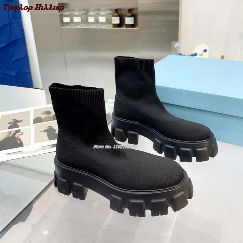 

2023 New Sports And Leisure Short Boots Round Toe Woven Non-Slip Gear Elastic Boots All-Match Thick-Soled Designer Women'S Boots
