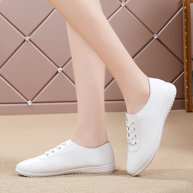 New Brand Ladies Flat Shoes Fashion White Casual Shoes Leather