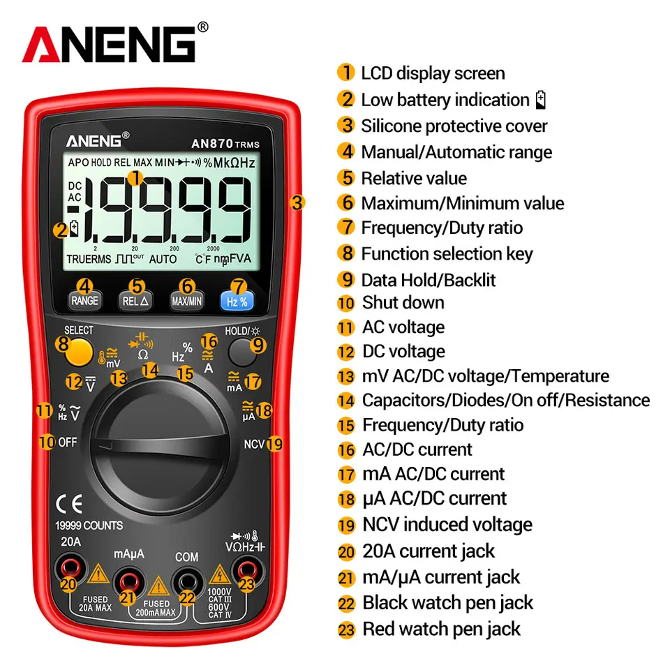 Digital Multimeter ANENG AN870 Profesional 19999 Counts True Rms AC/DC Voltage Current NCV Transistor Accurate Auto Range Tester image 6