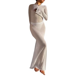 Elegant Women's Long Sleeve Backless Beach Dress - Sheer, Sun-Protective Summer Cover-Up - M (WHITE)