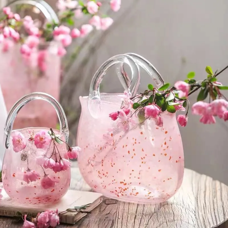

Pink Pail Glass Handbag Home Decor Flower Vase Decoration Piece Creative Internet Celebrity INS Wind Hydroponic Vase Retro