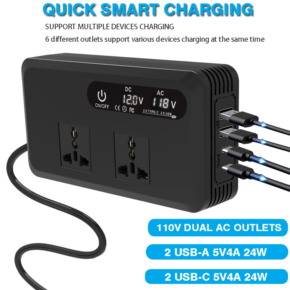DC 12V에서 AC 110V/220V 200W 자동차 인버터 PD+QC3.0 듀얼 타입 C+2 USB 포트 휴대폰 충전기 시거잭 전원 어댑터 유니버설
