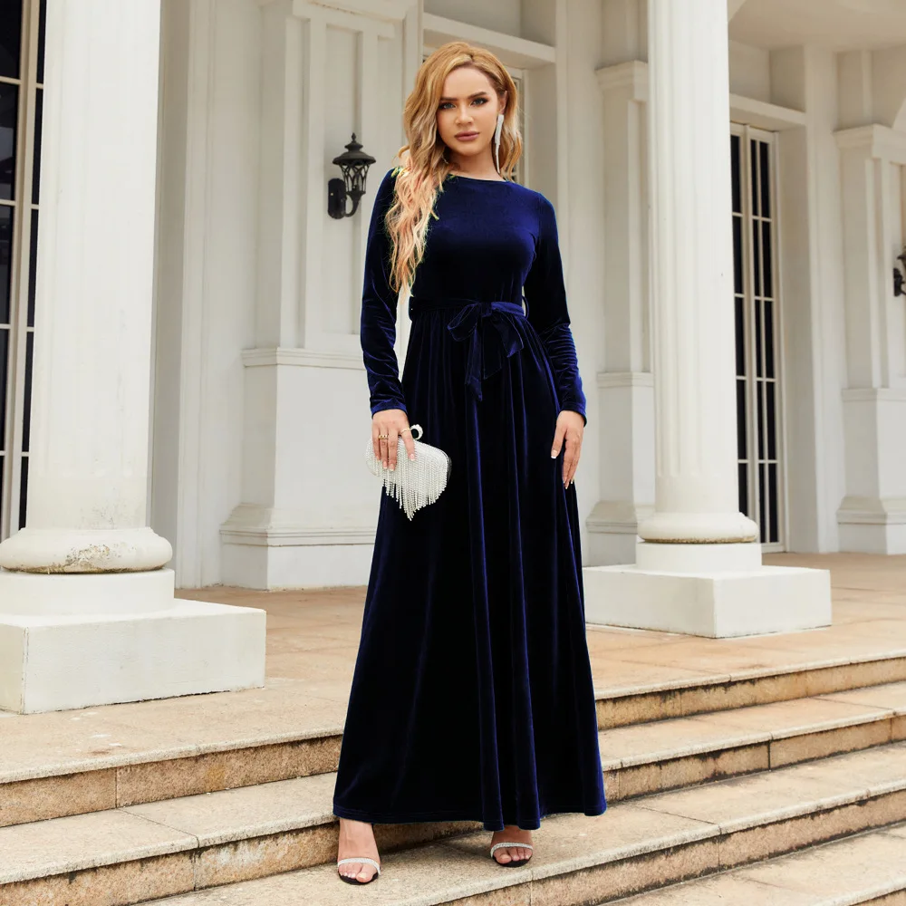 Elegant Temperament Velvet Pleated Long Dress Women Solid Color Long Sleeve High Waist Belt Party Maxi Dresses Evening Vestidos 5