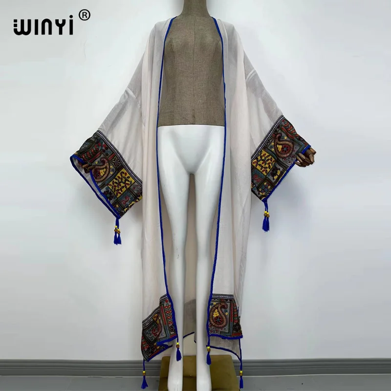 WINYI 2022 summer Sexy See Through Embroidered Long Kimono stitch Beachwear Women Tops and Blouses Middle East Muslim Abaya long flowy beach dress