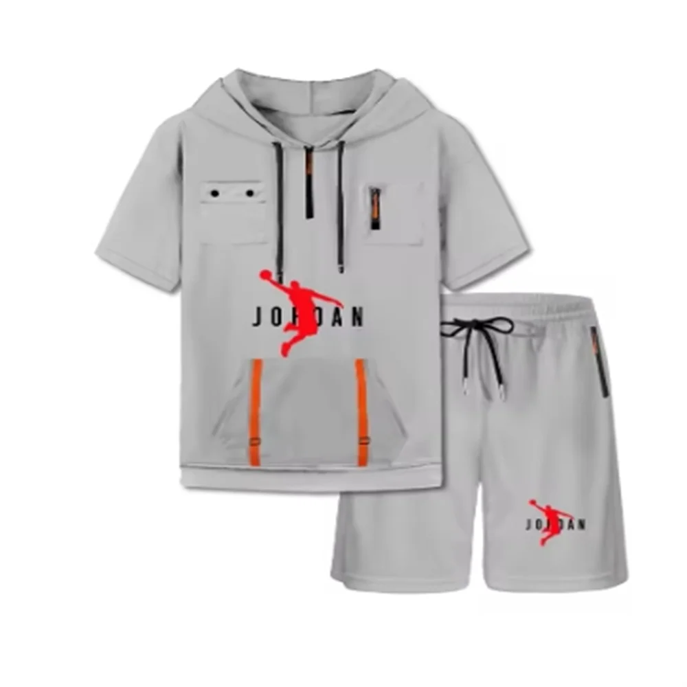 2025 Summer Thin Men's Sports Suit 2-piece Set fashion Casual Hooded Quick Dry Running Exercise Clothes Short Sleeve Shorts suit 2