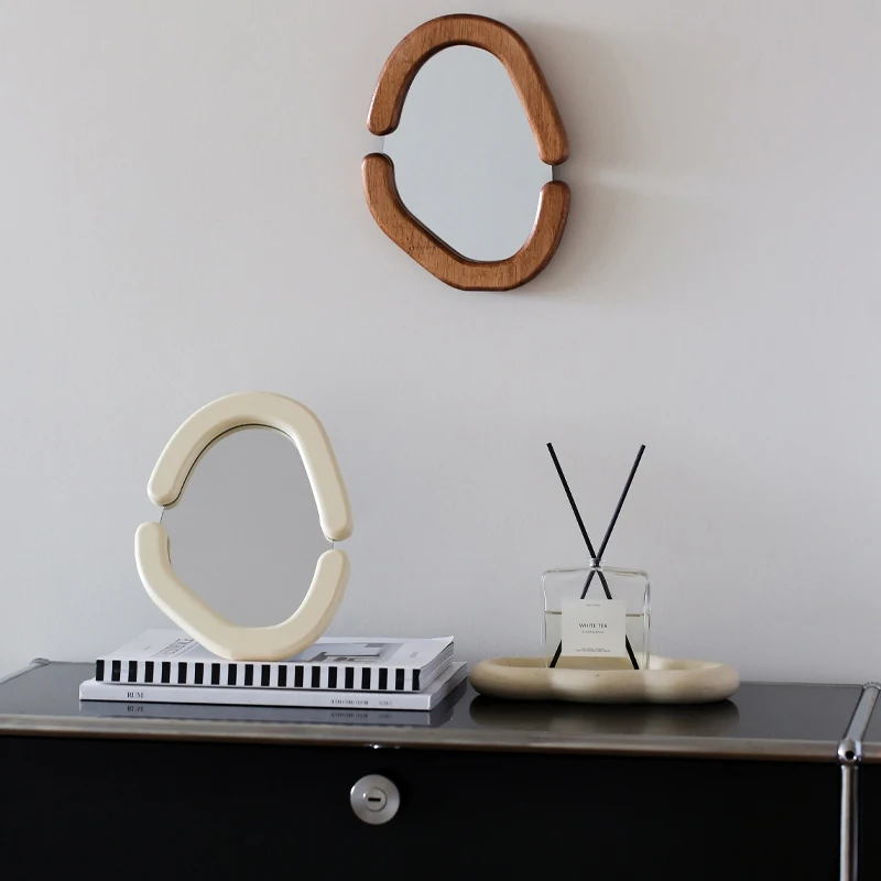 

Retro Wooden Mirror Cream Rice Desktop Ornament Decorative Makeup Mirror Wall Mounted Makeup Mirror Home Decor Accessories