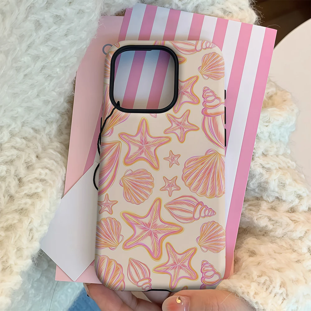 Luxury Double-Layer Phone Case with Pastel Sea Shells and Starfish Design