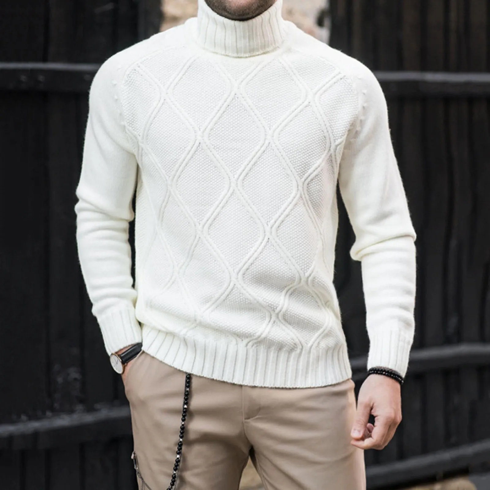 

Mens Sweater Knitting Pullovers Ribbed Slim Fit Knitted Turtleneck Sweaters Knitted Warm Men Jumper Slim Solid Color Sweaters