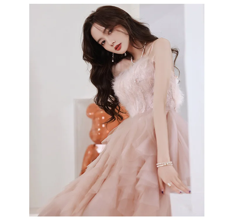 mermaid prom dresses Sexy Spaghetti Straps Sleeveless Feather Prom Dresses 2021 Tiered Tulle Pink Women Birthday Pargy Gowns plus size prom & dance dresses